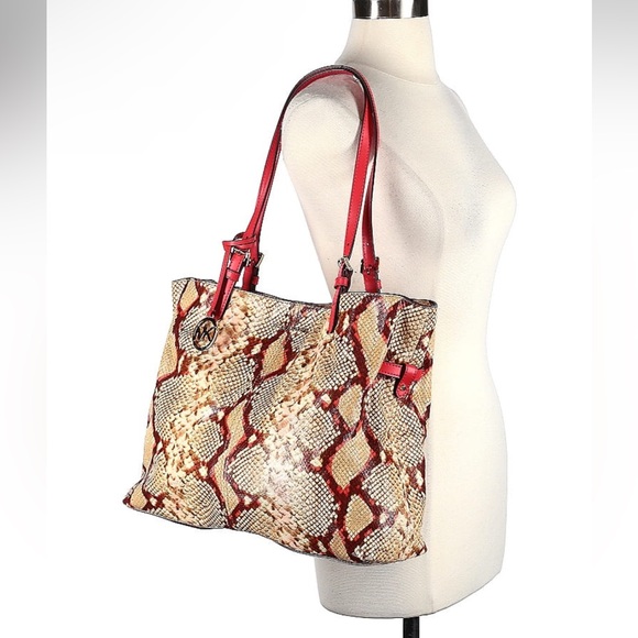 MICHAEL KORS BROWN LENOX LARGE PYTHON EMBOSSED TOTE RED - Picture 2 of 7